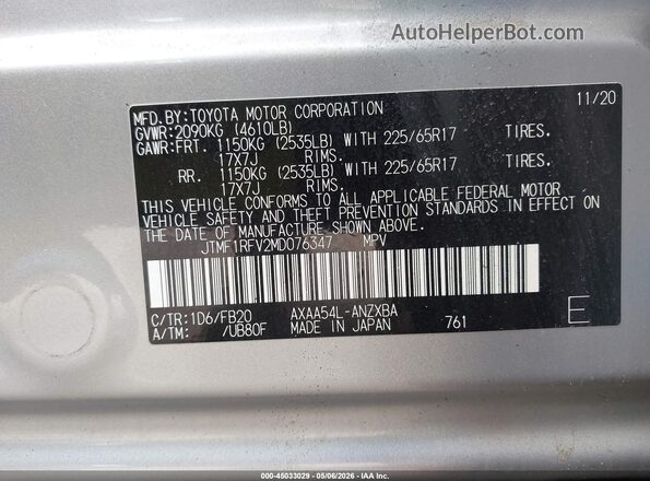 JTMF1RFV2MD076347 2021 TOYOTA LE Silver Engine compartment view