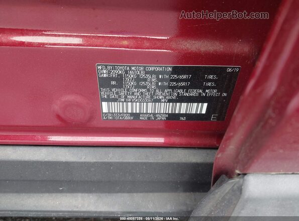 JTMF1RFV5KD033067 2019 TOYOTA LE Red Вид підкапотного простору