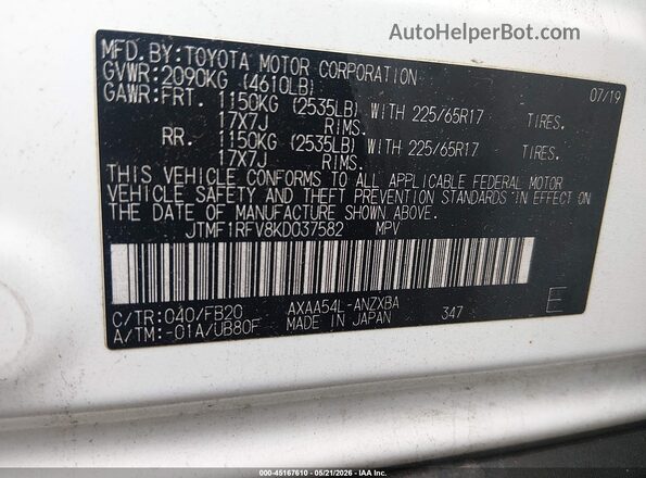 JTMF1RFV8KD037582 2019 TOYOTA RAV4 White Engine compartment view
