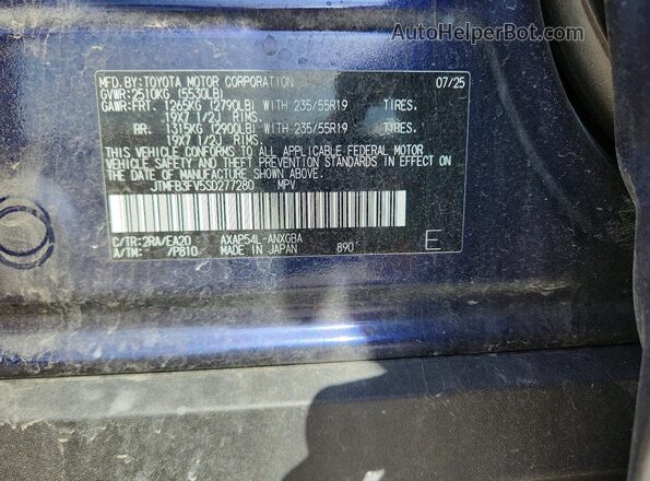 JTMFB3FV5SD277280 2025 TOYOTA RAV4 Blue Vista de la etiqueta del VIN