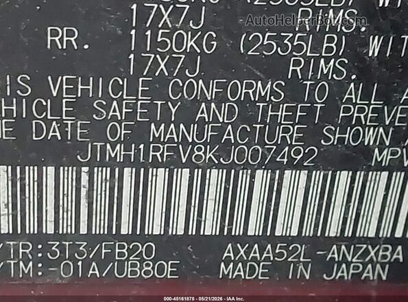 JTMH1RFV8KJ007492 2019 TOYOTA RAV4 Maroon Widok komory silnika