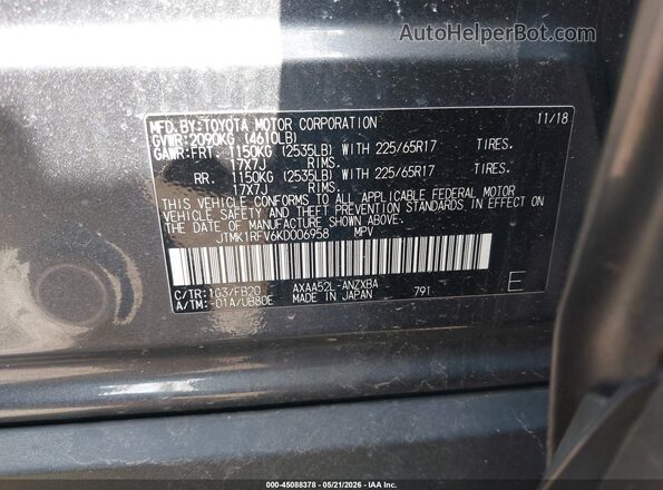 JTMK1RFV6KD006958 2019 TOYOTA RAV4 Gray 