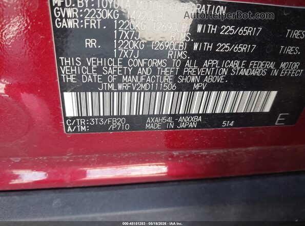 JTMLWRFV2MD111506 2021 TOYOTA RAV4 HYBRID Maroon Շարժիչի բաժամունքի տեսք