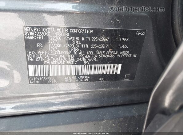 JTMLWRFV8ND155317 2022 TOYOTA RAV4 HYBRID Gray Engine compartment view