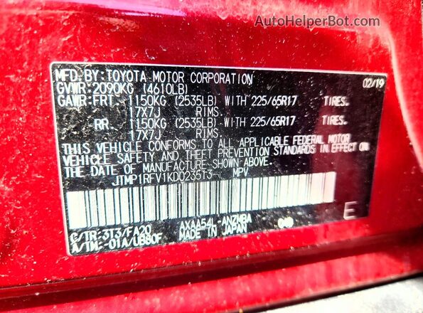 JTMP1RFV1KD023513 2019 TOYOTA LE Red Vista de la etiqueta del VIN