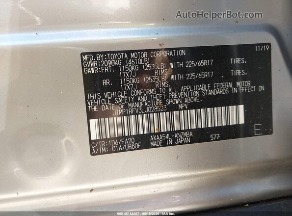 JTMP1RFV3LJ028523 2020 TOYOTA RAV4 Silver Engine compartment view