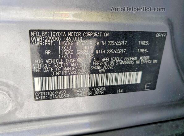 JTMP1RFV4KD523925 2019 TOYOTA RAV4 Silver VIN կոդի պիտակի տեսք