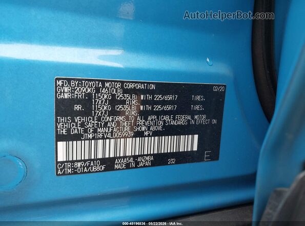 JTMP1RFV4LD059939 2020 TOYOTA RAV4 Blue 