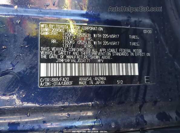 JTMP1RFV6LJ034171 2020 TOYOTA LE Blue 
