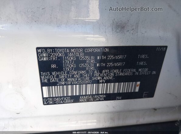 JTMP1RFVXKD500892 2019 TOYOTA LE White Engine compartment view