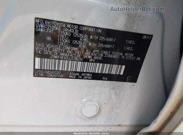 JTMRFREV2JJ178034 2018 TOYOTA LE White Вид підкапотного простору