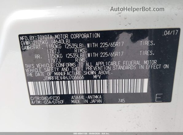 JTMRFREV4HJ706666 2017 TOYOTA LE White 