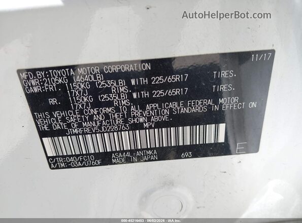 JTMRFREV5JD228763 2018 TOYOTA RAV4 White Engine compartment view