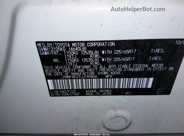 JTMRFREV7JJ189806 2018 TOYOTA RAV4 White Vista del compartimento del motor