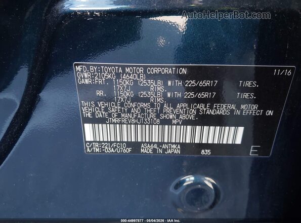 JTMRFREV8HJ133108 2017 TOYOTA LE Black Engine compartment view