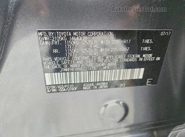 JTMRFREVXHD221673 2017 TOYOTA RAV4 Gray VIN sticker view