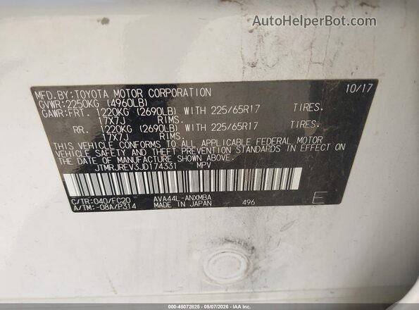 JTMRJREV3JD174331 2018 TOYOTA LE White Շարժիչի բաժամունքի տեսք