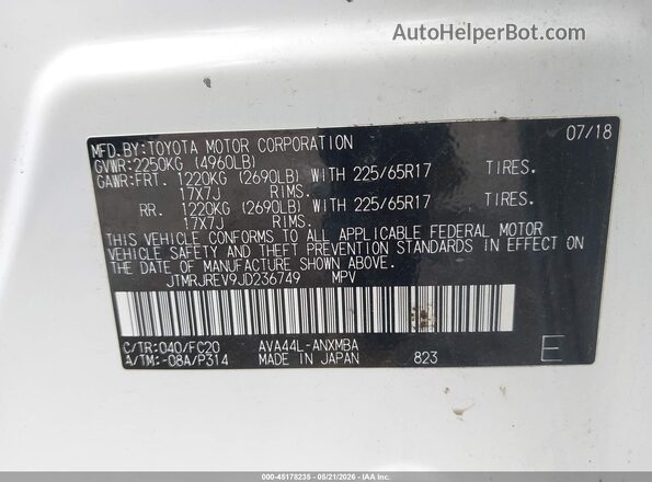 JTMRJREV9JD236749 2018 TOYOTA RAV4 HYBRID White Engine compartment view