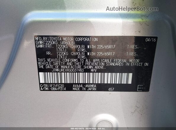 JTMRJREVXGD031983 2016 TOYOTA RAV4 HYBRID Silver Вид підкапотного простору