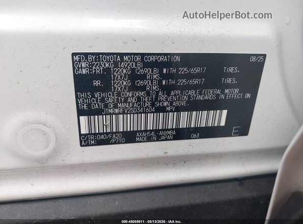 JTMRWRFV2SD341604 2025 TOYOTA LE White Engine compartment view