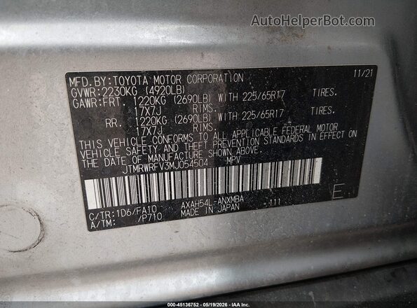 JTMRWRFV3MJ054504 2021 TOYOTA RAV4 Silver Engine compartment view