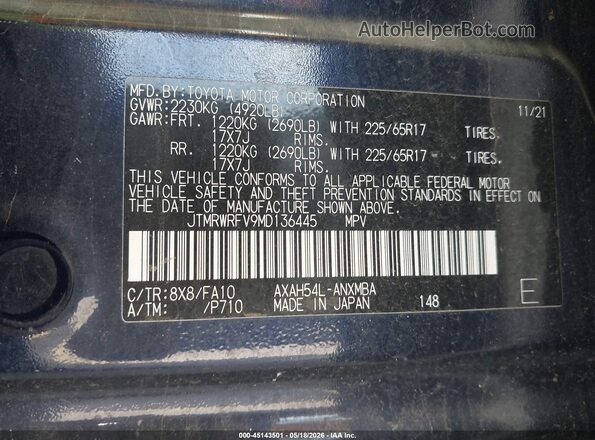 JTMRWRFV9MD136445 2021 TOYOTA RAV4 HYBRID Blue Вид підкапотного простору