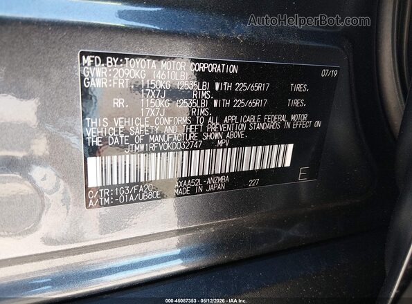 JTMW1RFV0KD032747 2019 TOYOTA LE Gray Engine compartment view