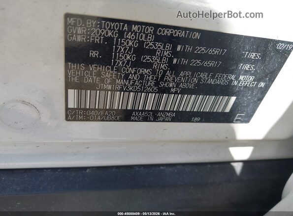 JTMW1RFV3KD512605 2019 TOYOTA LE White Շարժիչի բաժամունքի տեսք