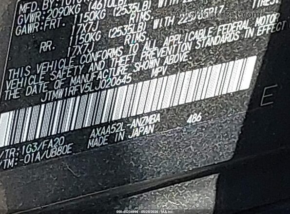 JTMW1RFV5LJ020645 2020 TOYOTA RAV4 Gray Vista del compartimento del motor