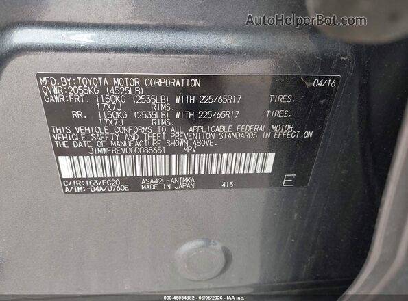 JTMWFREV0GD088651 2016 TOYOTA LE Gray Вид підкапотного простору