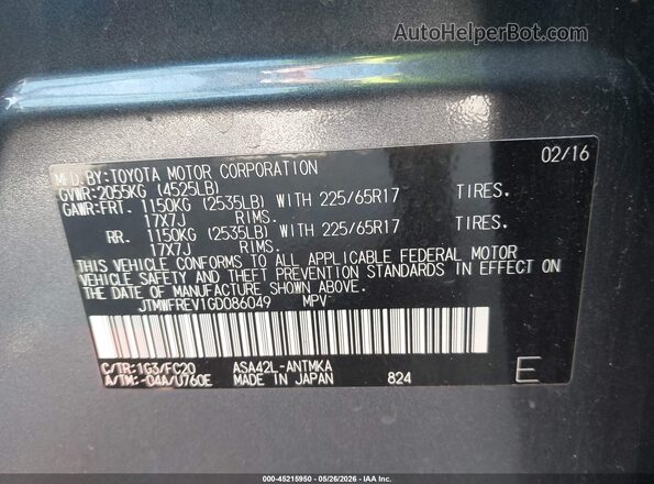 JTMWFREV1GD086049 2016 TOYOTA RAV4 Gray 