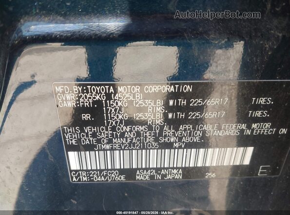 JTMWFREV2JJ211035 2018 TOYOTA RAV4 Blue Widok komory silnika