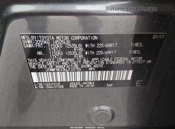 JTMWFREV3HJ124755 2017 TOYOTA RAV4 Gray Widok komory silnika
