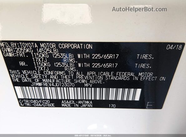 JTMWFREV4JD123070 2018 TOYOTA RAV4 White Vista del compartimento del motor