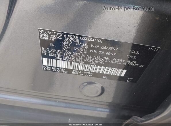 JTMWFREV9JD112856 2018 TOYOTA LE Gray Շարժիչի բաժամունքի տեսք