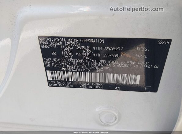 JTMWFREVXJD117516 2018 TOYOTA LE White Engine compartment view