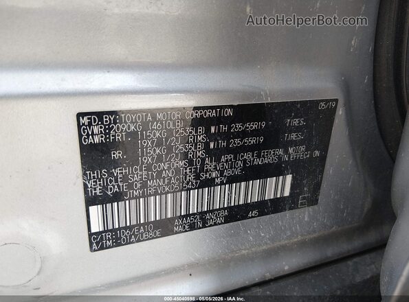 JTMY1RFV0KD515437 2019 TOYOTA LIMITED Silver Вид підкапотного простору