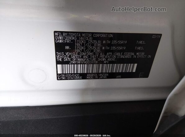 JTMY1RFV1KD019708 2019 TOYOTA RAV4 White 
