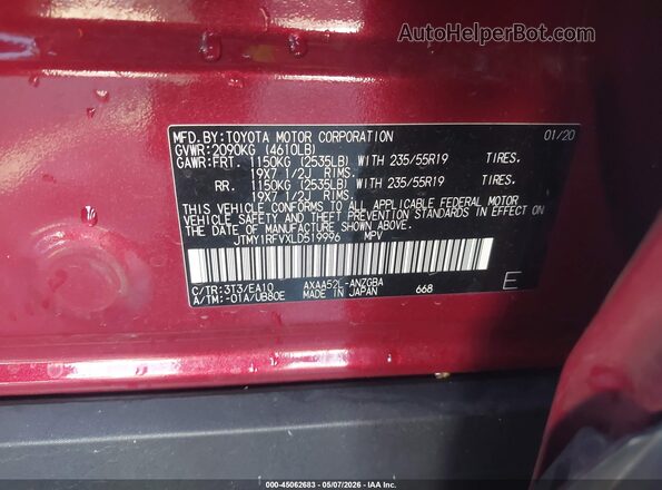 JTMY1RFVXLD519996 2020 TOYOTA LIMITED Red Widok komory silnika