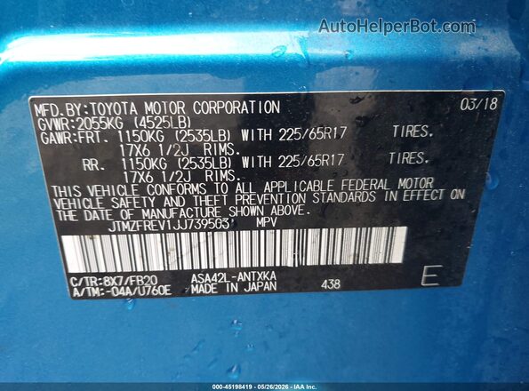 JTMZFREV1JJ739503 2018 TOYOTA RAV4 Blue Շարժիչի բաժամունքի տեսք