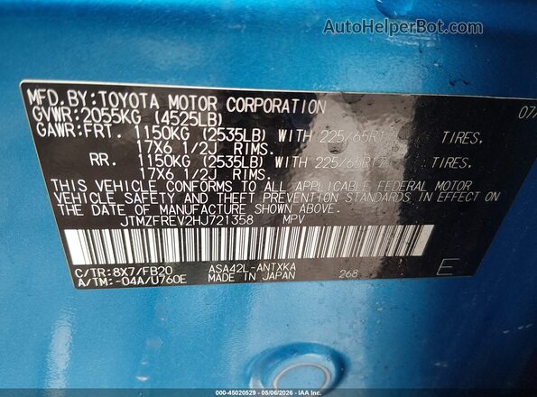 JTMZFREV2HJ721358 2017 TOYOTA LE Blue Вид підкапотного простору