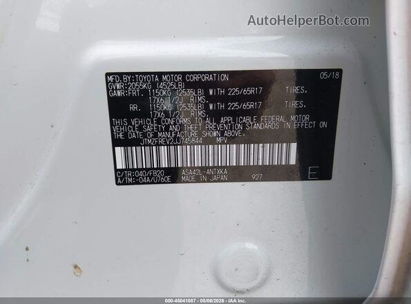 JTMZFREV2JJ745844 2018 TOYOTA LE White Вид підкапотного простору