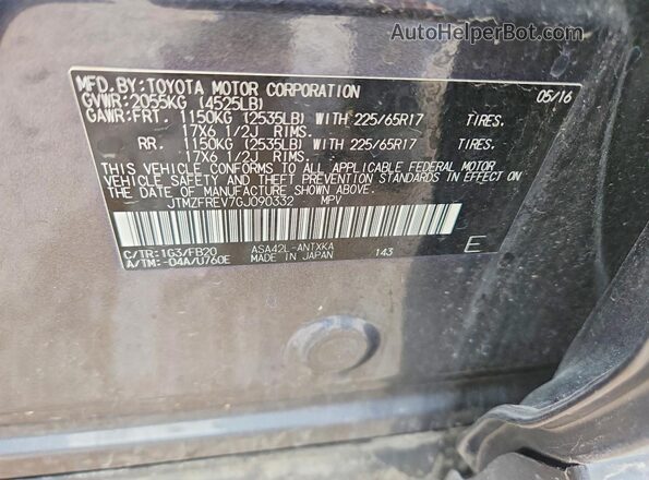 JTMZFREV7GJ090332 2016 TOYOTA RAV4 Gray 