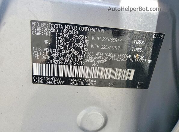 JTMZFREV7JD127319 2018 TOYOTA RAV4 Silver Вид наклейки з VIN-кодом
