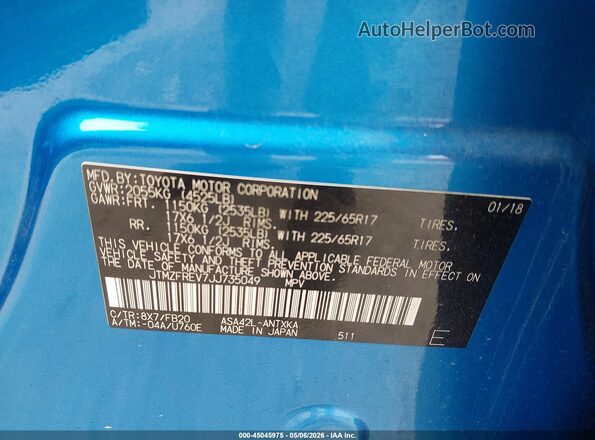 JTMZFREV7JJ735049 2018 TOYOTA LE Blue Vista del compartimento del motor