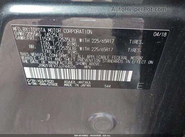 JTMZFREV7JJ744026 2018 TOYOTA RAV4 Gray ძრავის განყოფილების ხედი