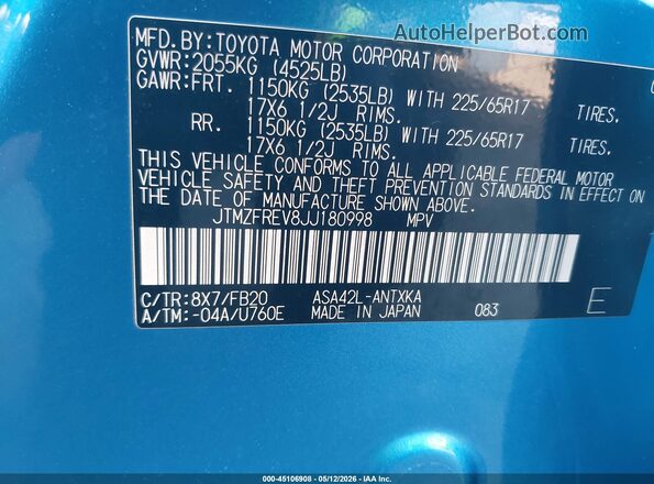JTMZFREV8JJ180998 2018 TOYOTA LE Синий Вид подкапотного пространства