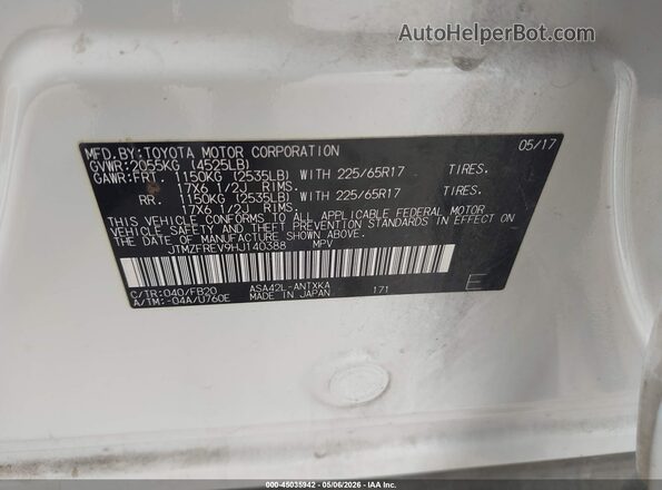 JTMZFREV9HJ140388 2017 TOYOTA LE White Вид підкапотного простору