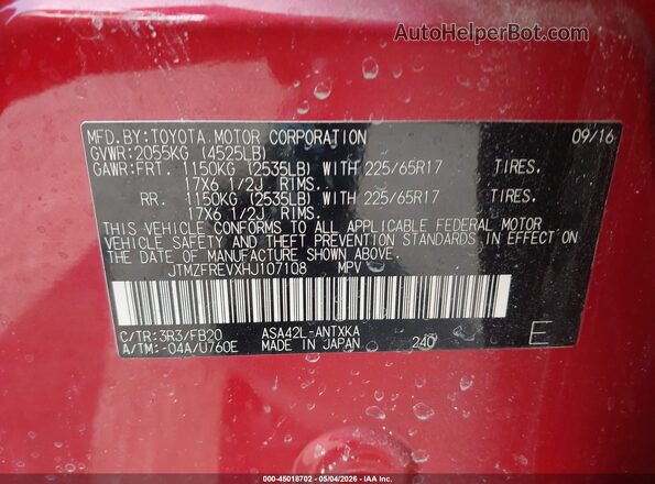 JTMZFREVXHJ107108 2017 TOYOTA LE Red Vista del compartimento del motor