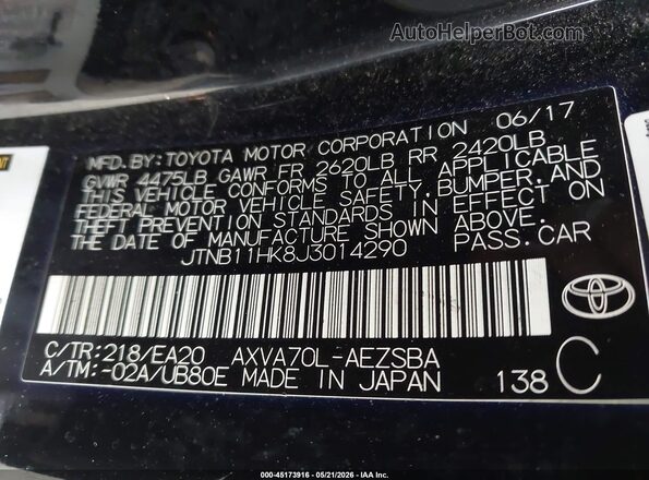 JTNB11HK8J3014290 2018 TOYOTA CAMRY Black Vista del compartimento del motor